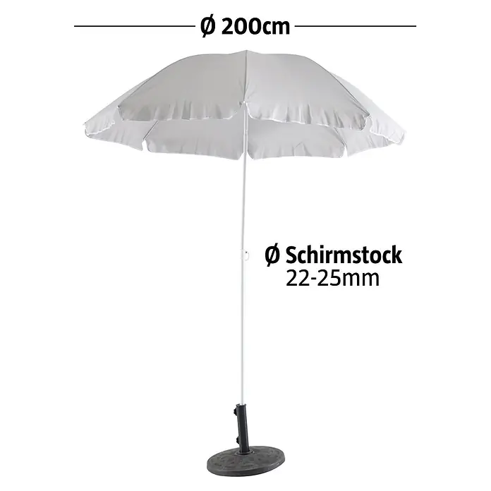 Sunfun Balkonschirm rund Provence II - Lichtgrau, Durchmesser Bespannung: 200 cm - Weißer Sonnenschirm mit 200cm Durchmesser und 22-25mm Stock, in dunklem Fuß stehend.