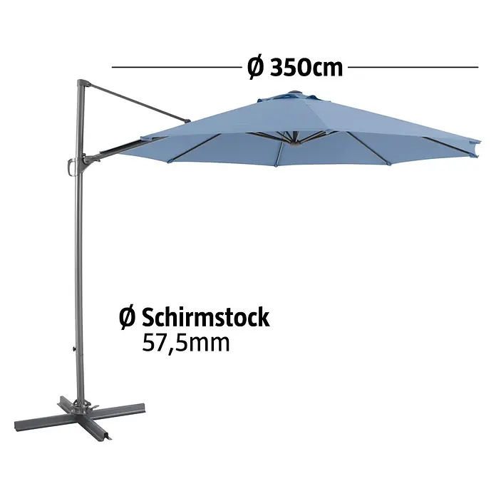 Sunfun Ampelschirm rund Florenz - Blau, Durchmesser Bespannung: 300 cm - Blauer Freiarmschirm mit grauem Gestell und Kreuzfuß, 350cm Durchmesser und 57,5mm Mastdurchmesser.