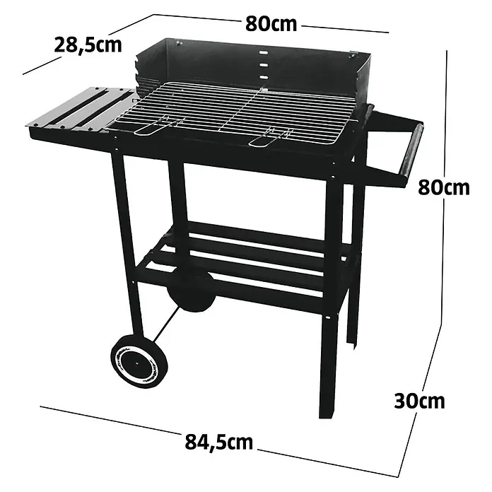 Grillstar Holzkohlegrill Nevada - Grillfläche (B x T): 52 x 28,5 cm, Schwarz - Schwarzer Holzkohlegrill aus Metall mit Seitenablage und Rädern. Maße sichtbar.