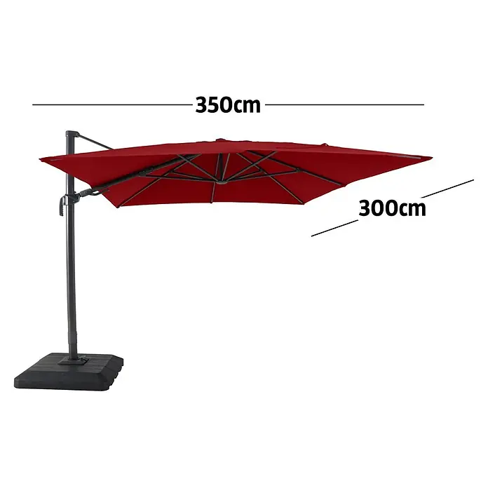 Sunfun Ampelschirm Capri - Rot, Bespannungsmaß (L x B): 300 x 350 cm - Roter Freiarmschirm für die Terrasse mit dunkelgrauem Mast und Fuß, 350x300cm.