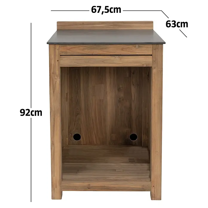 Sunfun Zoe Outdoorküchen-Modul Multifunktionsregal - Braun, B x T x H: 67,5 x 63 x 92 cm, Teakholz - Waschtischunterschrank aus Holz mit dunkelgrauer Platte, einer Schublade, offenem Fach und zwei Rückwandöffnungen. Maße: 92H x 67,5B x 63T cm.