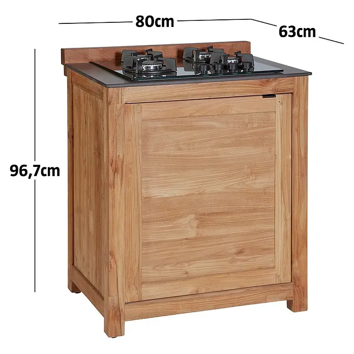 Sunfun Zoe Outdoorküchen-Modul Kochfeld - Braun, B x T x H: 80 x 63 x 96,7 cm, Teakholz - Outdoor-Küchenschrank aus Naturholz mit schwarzem Gaskochfeld. Maße: 80cm B x 63cm T x 96,7cm H.