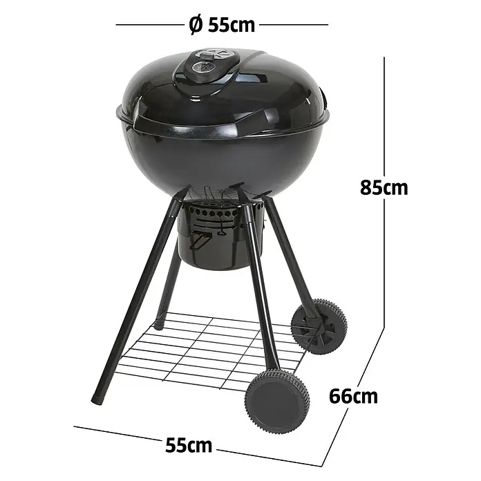 Kingstone Barbacoa redonda con tapa Sunset - Diámetro de la superficie de la parrilla: 55 cm, Negro - Barbacoa de carbón esférica negra con tapa, termómetro integrado, dos ruedas y rejilla inferior.