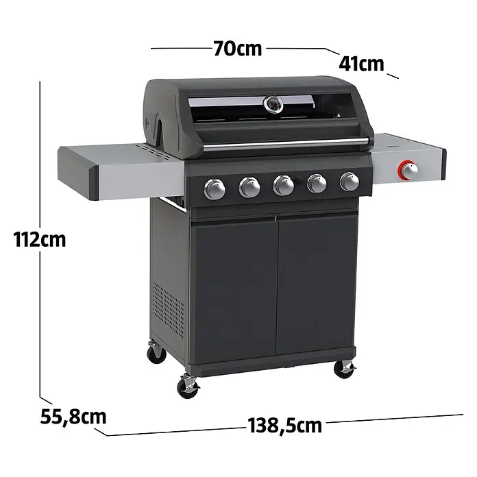 Grillstar Gasgrill Powerburner 550-1 - Grillfläche (B x T): 70 x 41 cm, 14,65 kW, Anzahl Brenner: 5 - Schwarzer und silberner Gasgrill mit vier Brennern und Rollen. Gesamtmaße: 138,5cm Breite, 112cm Höhe, 55,8cm Tiefe.