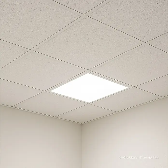 E2 elektro Einbaupanel Square - L x B x H: 59,5 x 59,5 x 3,2 cm, Max. Systemleistung: 36 W, Kaltweiß - Große, helle weiße LED-Deckenplatte, in eine abgehängte Rasterdecke integriert.