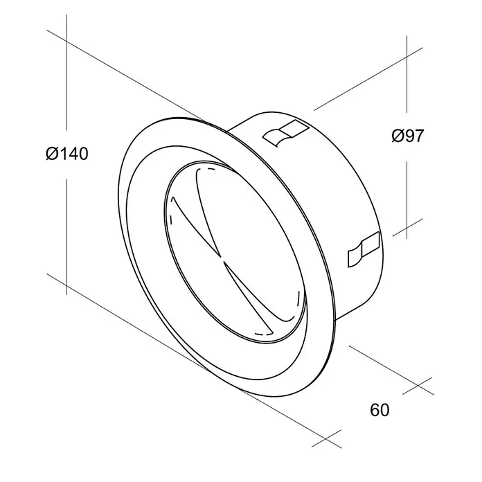 Air-Circle Tellerventil - Durchmesser Anschlussstutzen: 100 mm, Mit Stutzen, Edelstahl - Eine perspektivische Zeichnung eines runden Luftauslasses mit Maßen. Der Durchmesser des Auslasses beträgt 140 mm.