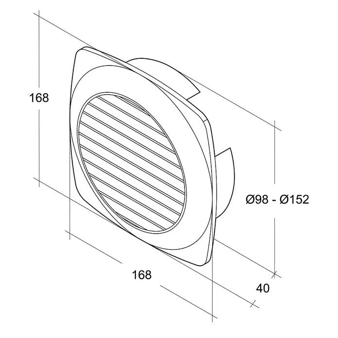 Air-Circle Außengitter - Verstellbereich: 98 mm - 152 mm, Mit Fliegennetz, Weiß - Technische Zeichnung eines quadratischen Lüftungsgitters mit runden Lamellen und Größenangaben.