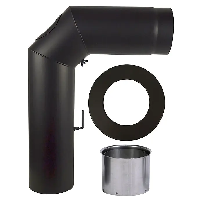 Kaminrohr-Set RR150/SET - Durchmesser: 15 cm, Mit Reinigungsöffnung, Schwarz - Schwarzes Schornstein-Knie mit Drosselklappe, schwarzer Blendenring und silberner Adapter.
