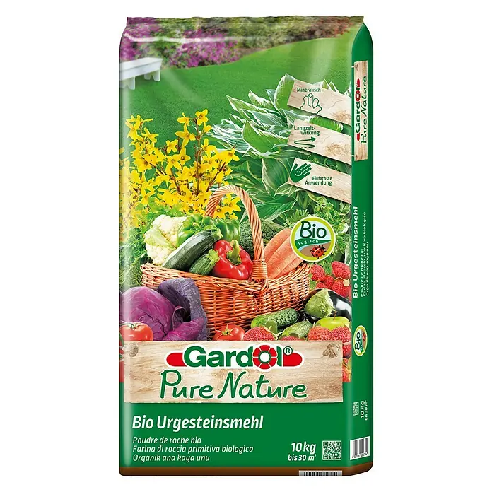 Gardol Pure Nature Urgesteinsmehl - 10 kg, Max. Anwendungsfläche: 30 m² - Abbildung einer Verpackung von Gardol Pure Nature Bio Urgesteinsmehl, einem biologischen Gesteinsmehl für den Garten.