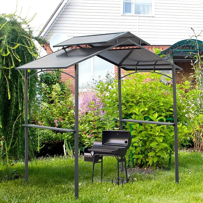 Outsunny Grillpavillon Braun, 240cm x 150cm x 250cm - Farbe Gestell: Schwarz, Metall