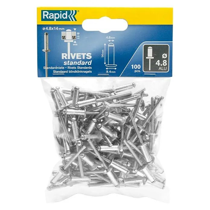 Rapid Blindniete - Nietlänge: 14 mm, Nietdurchmesser: 4,8 mm, 100 Stk. - Eine Packung Rapid Standard Blindnieten (Ø 4.8x14mm) mit 100 Stück aus Aluminium, ideal für vielfältige Befestigungsanwendungen.