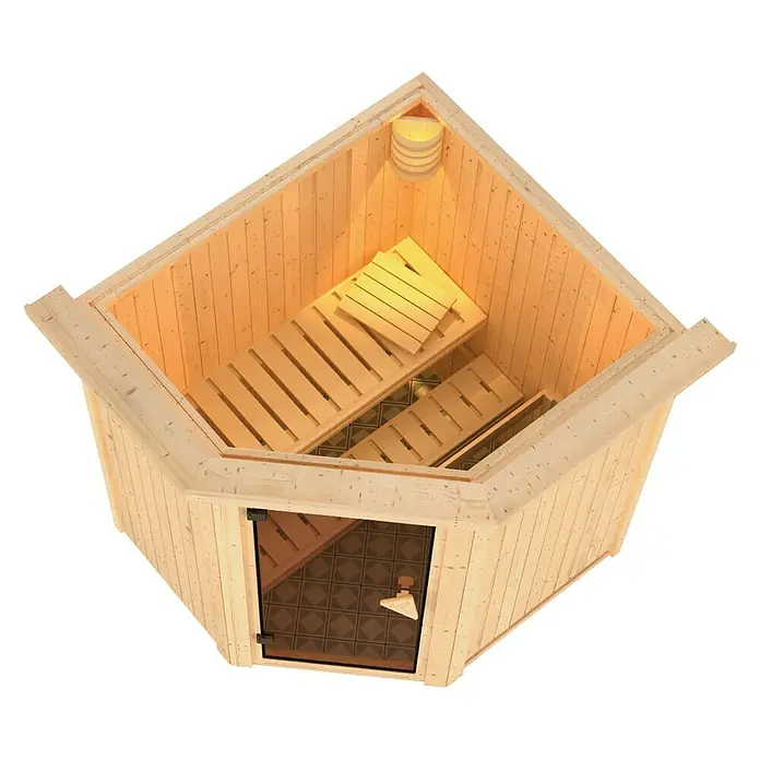 Karibu Elementsauna Tonja - Mit 3,6 kW Ofen mit integrierter Steuerung, Mit Dachkranz und Beleuchtung, L x B x H: 184 x 165 x 192 cm - Die Ecksauna bietet Platz für entspannende Stunden. Sie ist aus hellem Holz gefertigt und verfügt über eine Glastür und Bänke.
