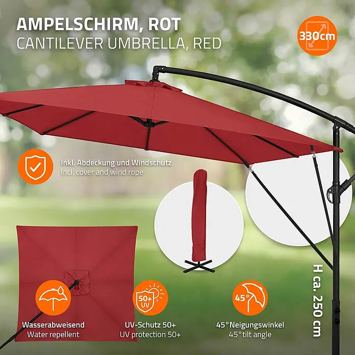 ML-Design Ampelschirm rund - Rot, Durchmesser Bespannung: 330 cm