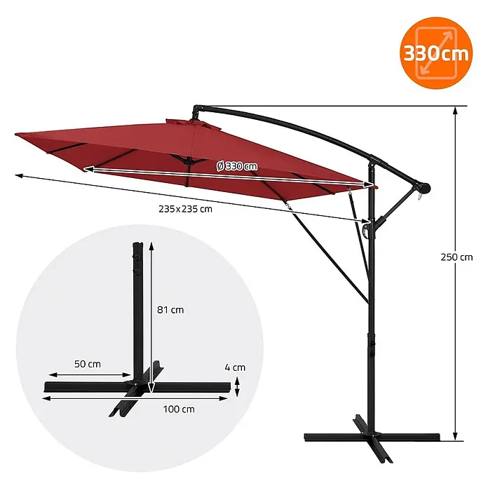 ML-Design Ampelschirm rund - Rot, Durchmesser Bespannung: 330 cm