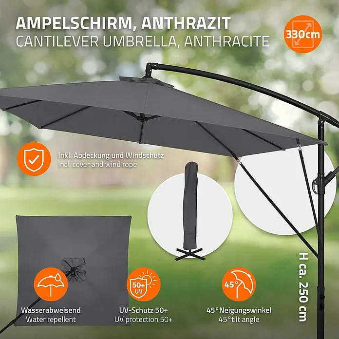 ML-Design Ampelschirm rund - Anthrazit, Durchmesser Bespannung: 330 cm