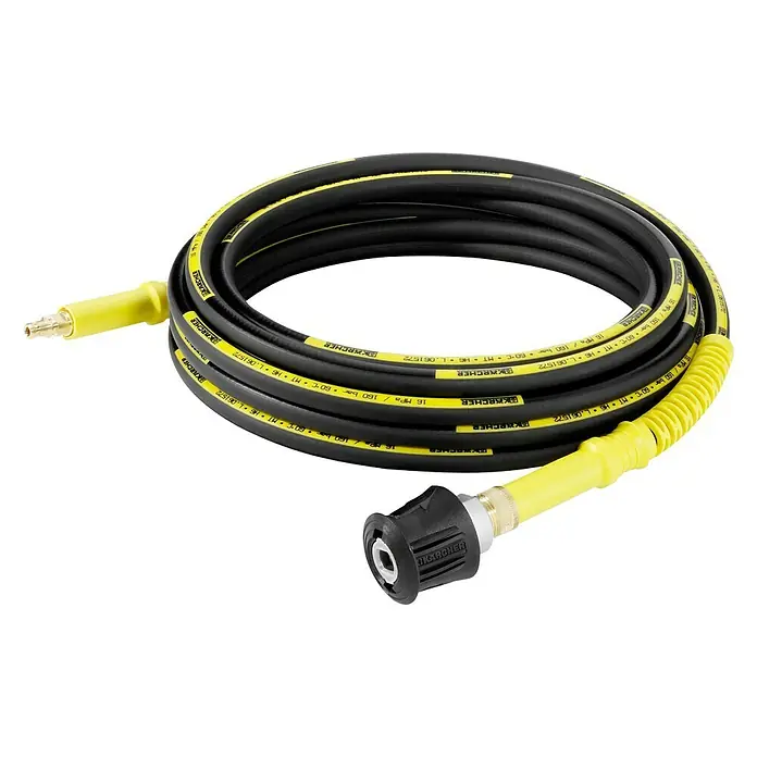Kärcher Extensión de manguera de alta presión XH 6 Q Quick Connect - Largo: 6 m - Primer plano de una manguera de alta presión Kärcher, conocida por su construcción robusta y sus distintivos detalles amarillos.