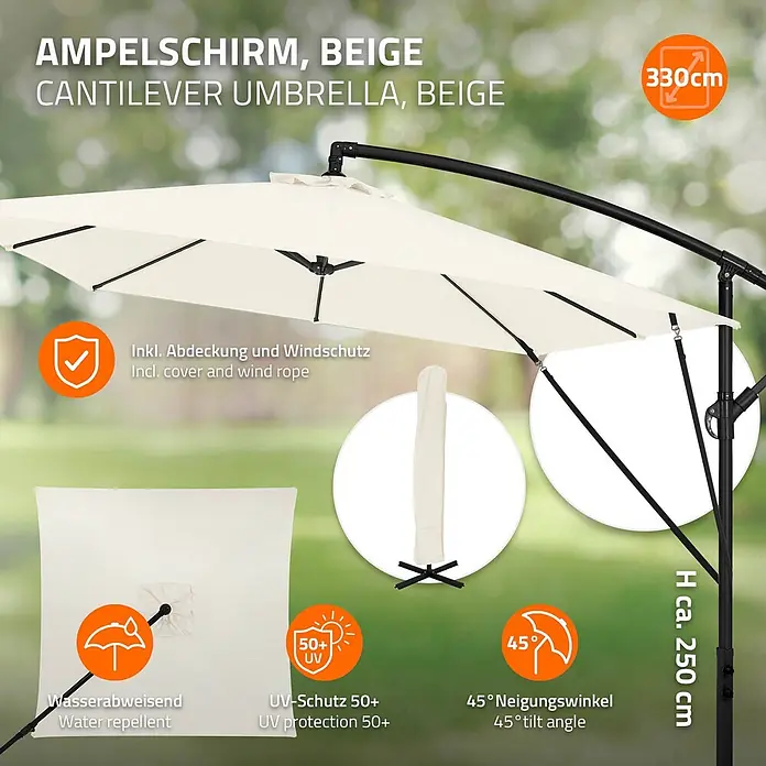 ML-Design Ampelschirm rund - Beige, Durchmesser Bespannung: 330 cm