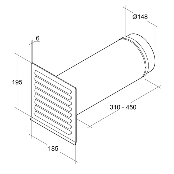 Air-Circle Teleskop-Mauerkasten - Durchmesser: 150 mm, Verstellbereich: 31 cm - 45 cm, Metall - Abbildung einer Wanddurchführung mit Maßen. Die Durchführung ist aus Metall und hat eine Lüftungsgitterabdeckung.