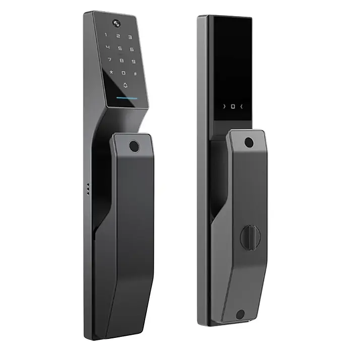 Moorgen Cerradura electrónica Smartlock T3 - L x An x Al: 438 x 74 x 68 mm, Aluminio, Grosor de la puerta: 40 mm - 120 mm - Cerradura inteligente metálica gris oscuro con teclado, pantalla y manija, vista desde el exterior e interior.