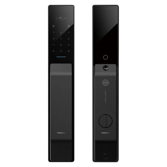 Moorgen Cerradura electrónica Smartlock T9 - L x An x Al: 438 x 74 x 68 mm, Aluminio, Grosor de la puerta: 40 mm - 120 mm - Cerradura inteligente negra con teclado, cámara (frente) y manija interna con detalle de cristal Swarovski (dorso).