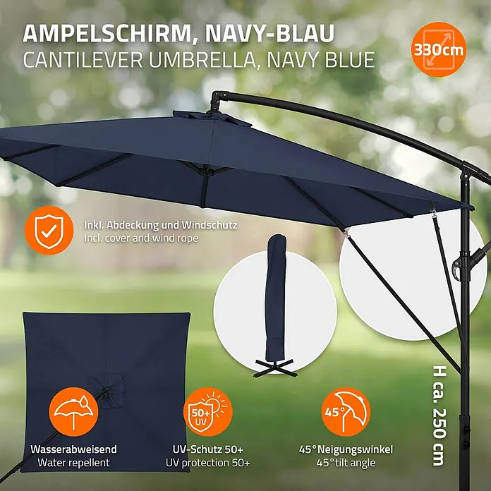 ML-Design Ampelschirm rund - Blau, Durchmesser Bespannung: 330 cm