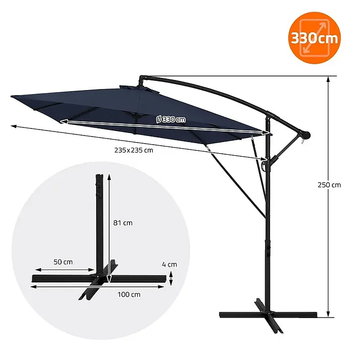 ML-Design Ampelschirm rund - Blau, Durchmesser Bespannung: 330 cm