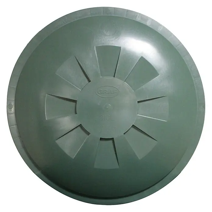 Garantia Basic Line Deckel - Passend für: 310 l Regentonnen Rund, Kunststoff - Nahaufnahme eines grünen GRAF-Tankdeckels mit radialem Design, ideal für Garten- oder Regenspeicherlösungen.