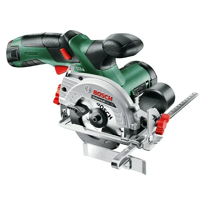 Bosch Sierra circular de batería Circ 12 - 12 V, Iones de litio, 2,5 Ah, 1 batería, Número de revoluciones de marcha en vacío: 1.400 r.p.m. - La imagen muestra una sierra circular a batería Bosch UniversalCirc 12. Perfecta para cortes precisos y proyectos de bricolaje versátiles.