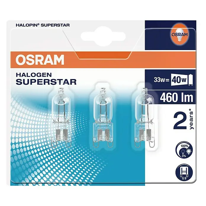 Osram Halogenstiftsockel Halopin ECO Superstar - 33 W, G9, Warmweiß, 3 Stk. - Packung OSRAM Halopin Superstar Halogenlampen. Energiesparende Lampen mit hoher Lichtausbeute und langer Lebensdauer. Ideal für Akzentbeleuchtung.