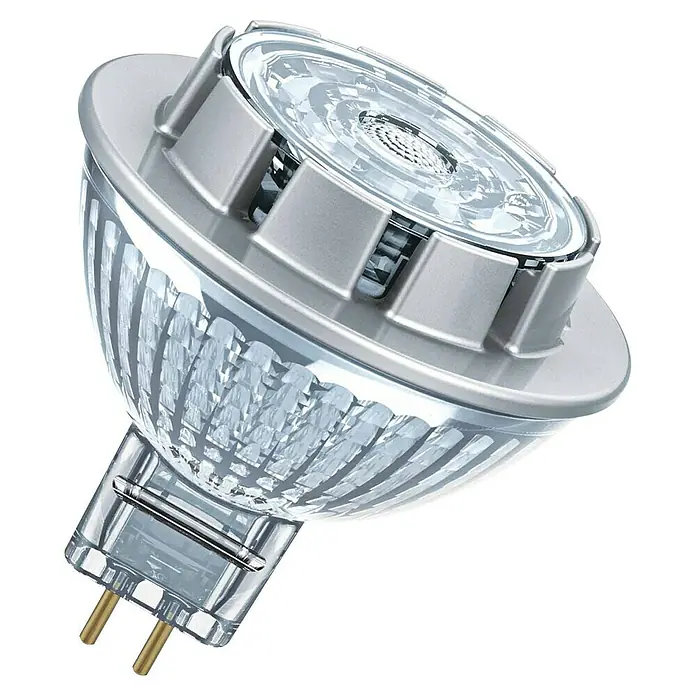 Osram LED-Lampe Pin GU5,3 MR16 - GU5,3, Nicht Dimmbar, Kaltweiß, 621 lm, 7,2 W - Nahaufnahme einer MR16-Halogenlampe mit klarem Reflektor und Stiftsockel vor schwarzem Hintergrund.