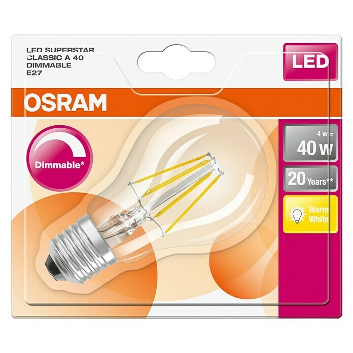 Osram LED-Leuchtmittel Retrofit Classic A (4,5 W, E27, A60, Warmweiß, Dimmbar, Klar)