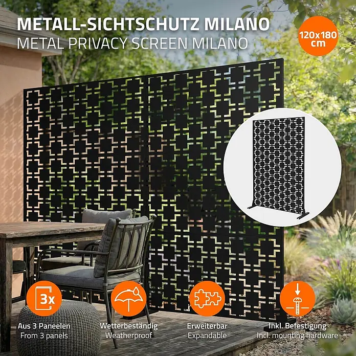 ML-Design Sichtschutzelement Milano - B x H: 120 x 183 cm, Stahl, Schwarz