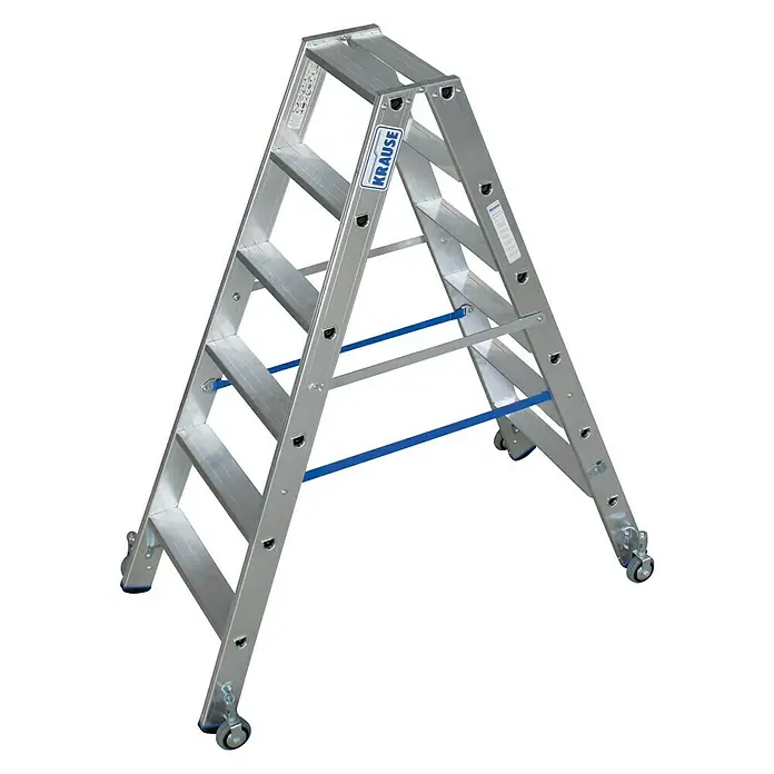 Krause Stabilo Doppelleiter Fahrbar - Anzahl Tritte: 12 Stk., Arbeitshöhe: 2,95 m, Aluminium - Die Krause Stufenleiter ist eine robuste und vielseitige Steighilfe, ideal für Arbeiten in verschiedenen Höhen, mit praktischen Rollen.
