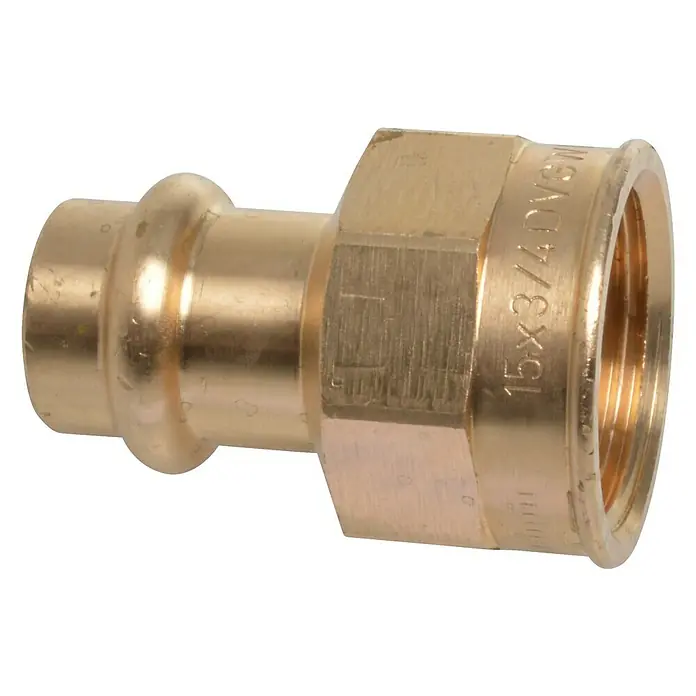 Press-Übergangsmuffe - Durchmesser: 15 mm, Innengewinde: ¾″, Presskontur: V - Messing-Pressfitting-Verbinder mit Innengewinde, ideal für Sanitär- und Heizungsanwendungen.