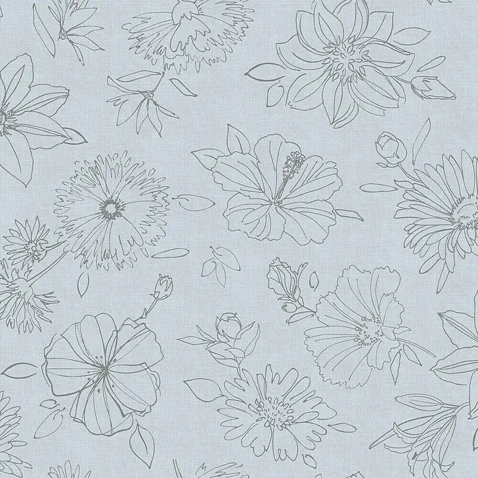 D-c-fix Manhattan Tischdecke Palmas - Grau, L x B: 130 x 160 cm, Eckig - Zartes florales Muster mit skizzenhaften Blumen auf hellblauem Stoff, ideal für frühlingshafte Dekorationen oder leichte Sommerkleidung.