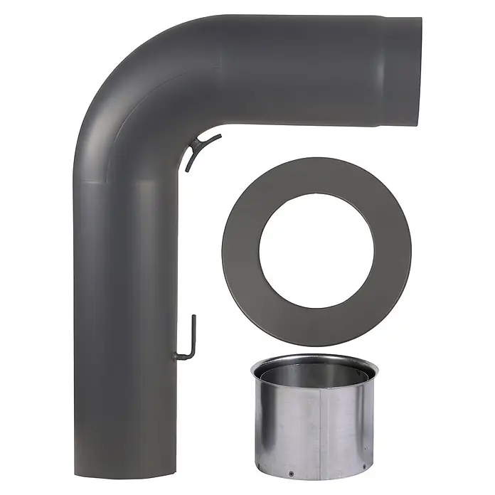 Kaminrohr-Set RRD150/SBR - Durchmesser: 15 cm, Dunkelgrau - Dunkelgraues Ofenrohr-Knie, runde Platte und Edelstahleinsatz für ein Abgassystem.