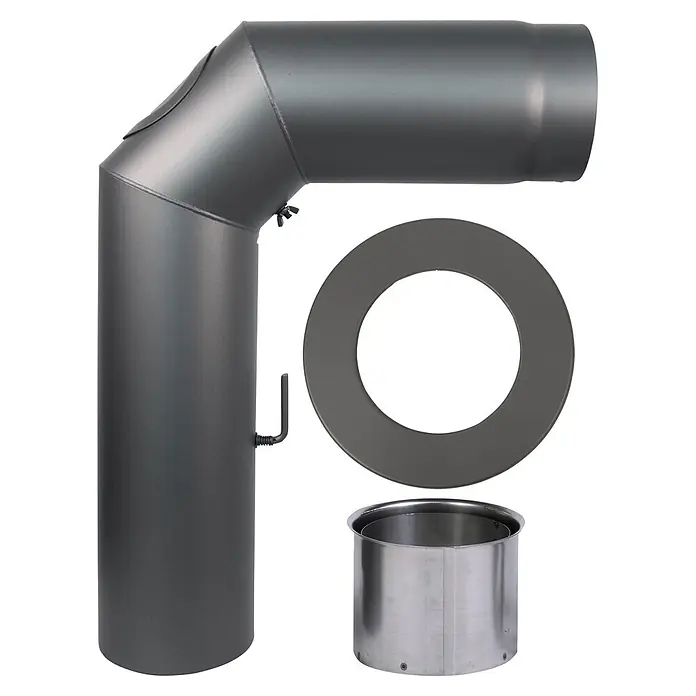 Kaminrohr-Set RRD150/SET - Durchmesser: 15 cm, Mit Reinigungsöffnung, Dunkelgrau - Dunkelgraues Ofenrohr-Knie, Flansch und Edelstahlrohrstück für Abgasanlagen.