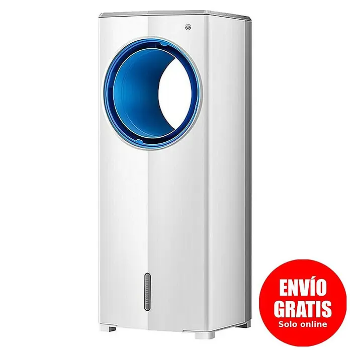 Purline Rafy Climatizador evaporativo 40N - 65 W, Potencia de aire: 470 m³/h, Altura: 73 cm, Blanco - Enfriador/humidificador de torre blanco con salida circular azul e indicador de nivel de agua.