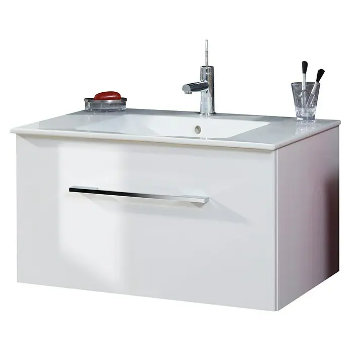 Camargue Stella K Waschtischunterschrank - 79,4 x 48,8 x 39 cm, Ohne Beleuchtung, Weiß - Ein weißer Badezimmerschrank mit einem modernen Waschbecken und Armatur. Praktisches Design für jedes Badezimmer.