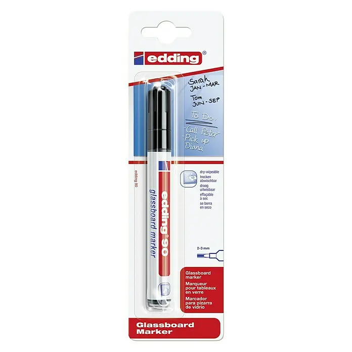 Edding Glasboard Marker 90 - Strichstärke: 2 mm - 3 mm, Schwarz - Abbildung eines schwarzen Edding 90 Glasboard Markers, ideal zum Schreiben auf Glasoberflächen und trocken abwischbar.