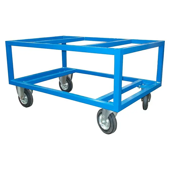 Palettenwagen - L x B x H: 1.200 x 800 x 660 mm, Traglast: 500 kg, Pulverbeschichtet - Blau lackierter Rollwagen mit robustem Stahlrahmen und vier Rollen. Ideal für den Transport schwerer Lasten in Werkstätten.