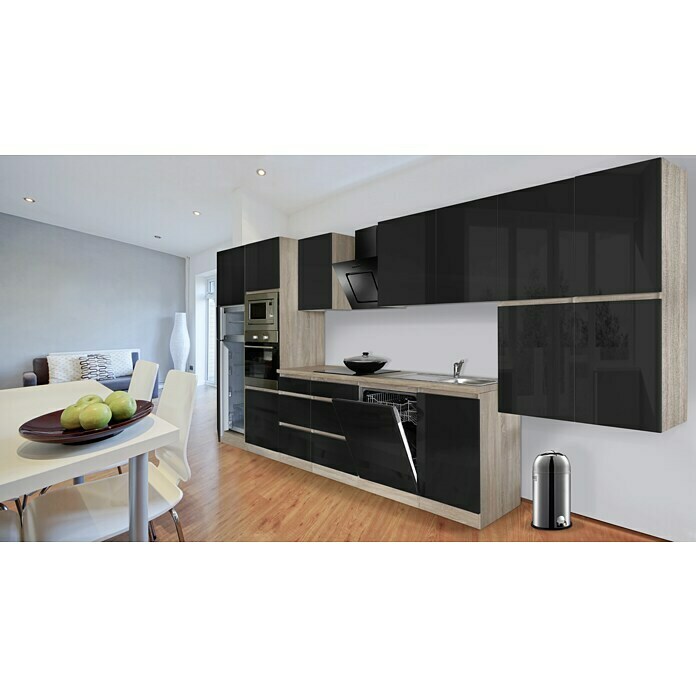 Respekta Premium Composición de cocina (Ancho: 445 cm, Con dispositivos eléctricos, Gris de alto brillo)