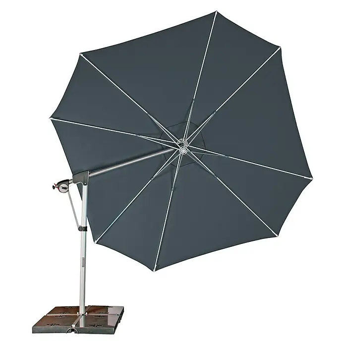 Doppler Protect SchirmbezugAnthrazit, 400 cm, Passend für: Doppler Schirmgestell Ø 400 cm - Bild eines modernen, anthrazitfarbenen Sonnenschirms mit quadratischem Schirmdach und silbernem Gestell auf einem Sockel.
