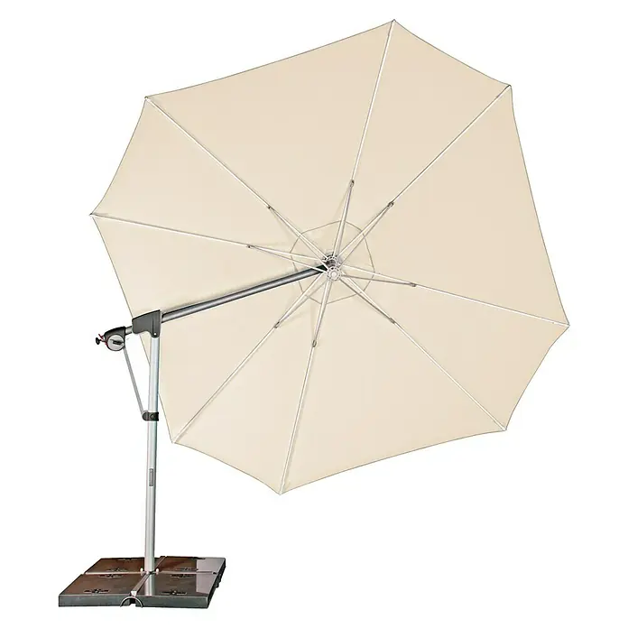 Doppler Protect SchirmbezugNatur, 400 cm, Passend für: Doppler Schirmgestell Ø 400 cm - Dieser Artikel zeigt einen quadratischen, cremefarbenen Sonnenschirm mit solidem Fuß, ideal für sonnige Tage im Freien.