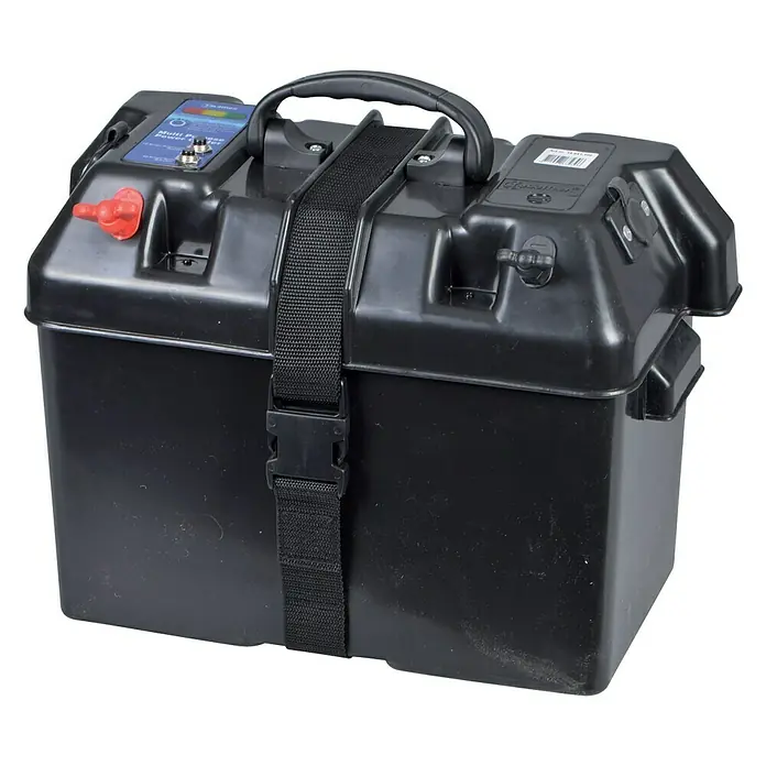 Talamex Batteriekasten Power - Geeignet für: 105 Ah Batterien, Innenmaß: 343 x 194 x 229 mm, Sicherung: 50 A Elektromotoranschluss - Tragbare schwarze Batteriebox mit Tragegurt. Ideal für den Einsatz beim Camping, im Boot oder anderen Outdoor-Aktivitäten.