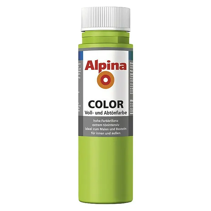 Alpina Vollton- & Abtönfarbe Color - Power Green, Matt, 250 ml, Lösemittelfrei - Alpina Color Voll- und Abtönfarbe in einem hellen Grünton. Die Farbe ist ideal zum Malen und Basteln für Innen und Außen und bietet hohe Farbbrillanz.