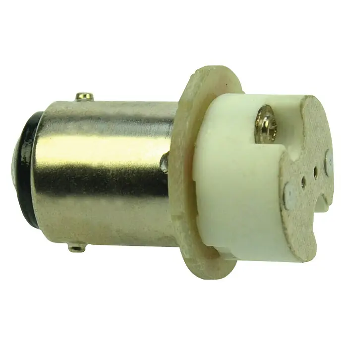 Talamex Sockeladapter für Boote - Sockel: BA15d auf G4 - Nahaufnahme einer 12V 21/5W P21/5W 1157 BAY15d Glühbirne für Autos mit Metallsockel und einem Kunststoffstecker.