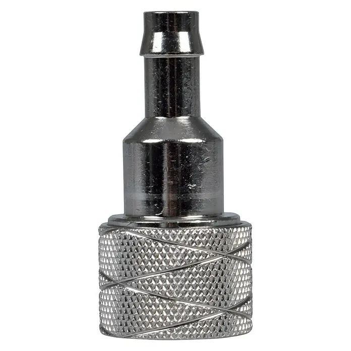 Talamex Adapter - ⅜″, Passend für: Honda Motoren, Female - Nahaufnahme einer verchromten Schlauchverschraubung mit gerändeltem Griff. Ideal für präzise Verbindungen und einfache Handhabung.