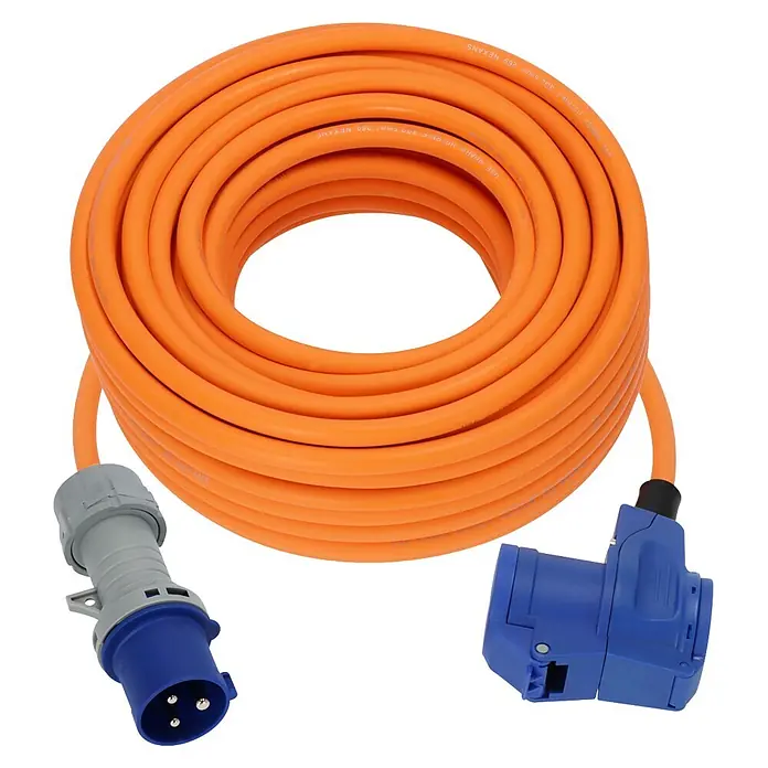Brennenstuhl Verlängerungskabel CEE-Stecker und Winkelkupplung Schutzkontakt - 25 m, IP44, H07RN-F - Aufgewickeltes oranges Verlängerungskabel mit blau-grauem CEE-Stecker und blauer CEE-Kupplung.