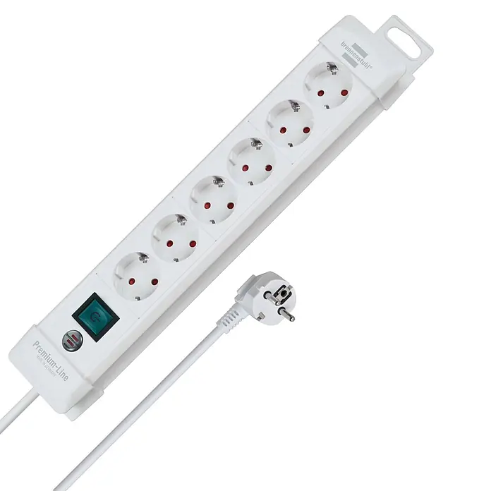 Brennenstuhl Premium-Line Steckdosenleiste - 6-fach, Kabellänge: 3 m - Weiße Brennenstuhl Premium-Line Steckdosenleiste mit 6 Steckplätzen, grünem Schalter und Stecker.